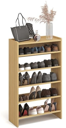 KOMTO Schuhregal Schmal - Schuhablage Flur mit 5 Ebenen Offener Schuhschrank Schuh Organizer Platzsparend | Elexis Buche 60 x 25 x 98 cm