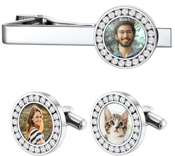 Custom4U Herren Krawattenklammer mit Manschettenknöpfe Set Edelstahl Personalisierte Zirkonia Krawattennadel Set mit Fotogravur Silber Krawattenklammern Tie Clip Zubehör für Vater Freund Ihn
