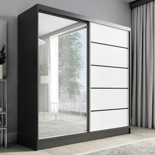 A&J MöbelLand Schwebetürenschrank mit Spiegel, 200 cm, 2 Türen, Schwarz (Schwarz/weiß)