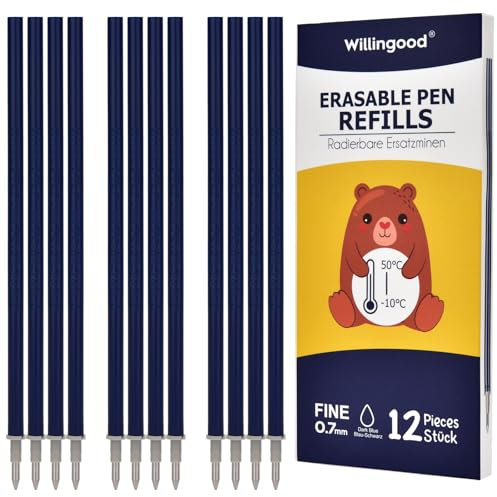[12 Stück] - Willingood Radierbare Ersatzminen, Kompatibel mit Legami [Blauschwarze], Tintenroller Radierbar, Spitze 0,7 mm,Nachfu llminen mit radierbarer Tinte