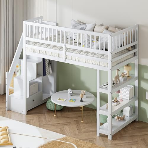 WIZBED Kinderbett Hochbett 90 x 200 mit Kleiderschrank, Stauraum Treppe, 3 Regalen und Schublade, Etagenbett mit rausfallschutz, Holzbett, Stockbett Funktionsbett,ohne Matratze (weiß)