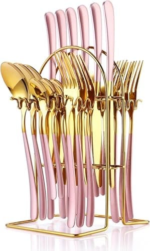 24-Teiliges Silbergeschirr Sets, Edelstahl Flatware Sets mit Silbergeschirr Halter Löffel Gabeln Messer Set, Geschirr Set Service für 6, Besteck Set für Küche (Rose Gold)