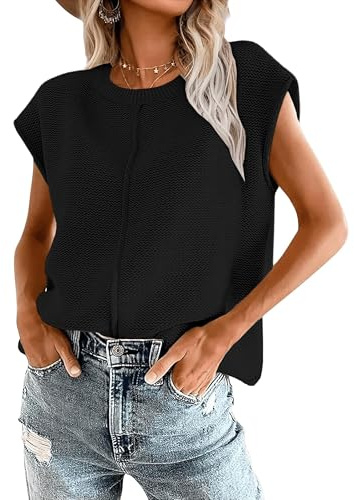 Oyamiki Pull d'été sans manches pour femme - Col rond - Sans manches - Ourlet roulé - Pull en tricot tendance et charmant, Noir , M