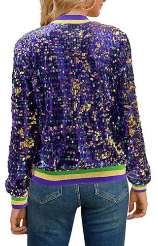 Rouingdd Glitzer Anzug Damen, Glitzer Oberteile Damen, Karneval Kostüm Damen, Pailletten Reißverschluss Langarm Jacken Blazer Sakko Pailletten Blazer Jacke Elegant Kurz Sakko Rave Party Bomberjacke