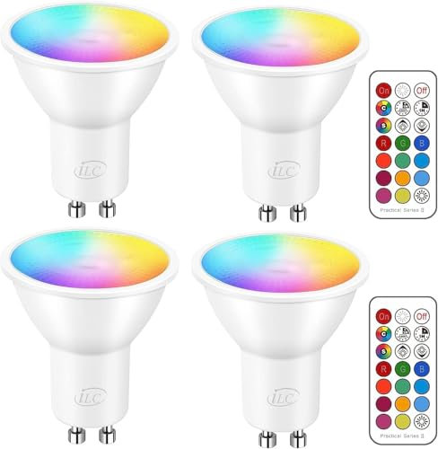 wisdom line Ampoule LED GU10 changement de couleur, 4 PCS multicolores 5W 100-240vac, RGB ± CCT blanc chaud à blanc froid, ampoule GU10 RGB avec télécommande, équivalent halogène de 35 Watts