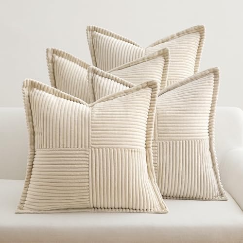 EMEMA Kordsamt Kissenbezug 45x45 Beige Kissenhülle 4er Set | Herbst Kissenbezüge Sofakissen Dekokissen Dekorativ Zierkissen Couchkissen für Wohnzimmer Schlafzimmer