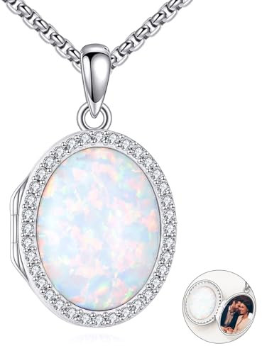 YAFEINI Medaillon Kette Sterling Silber Opal Foto Halskette Opal Schmuck Gedenk Geschenke für Frauen Mütter und Ehefrauen