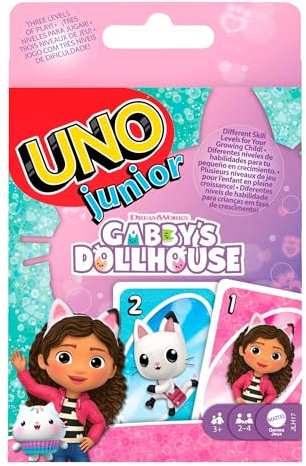Mattel Games UNO junior Gabby's Dollhouse Kartenspiel ab 3 Jahren | Lernspiel für Vorschulkinder, 2–4 Spieler, 3 Schwierigkeitsstufen, Familien- & Kindergeburtstage, JLH17