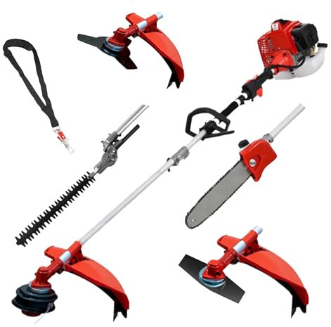 Synergy Desbrozadora Multifunción 5 en 1 65cc 4,9CV – Motor 2T, Motosierra, Cortasetos, Disco, Cabezales, Arnés Profesional, Kit de Protección y 20mt de Hilo Incluidos