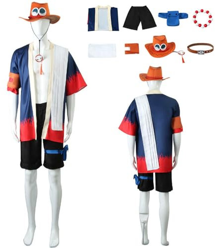 Wigbiu Anime One Piece Portgas D Ace Cosplay Kostüm mit Hut Umhang Outfit komplettes Set für Kinder und Herren Mantel Uniform Anzug für Halloween Weihnachten Karneval Party Rollenspiel Geschenke