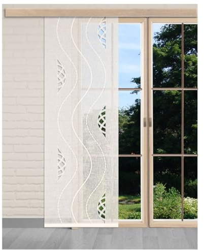 Flächengardine Eliana Vogtländische Spitze in ecrú | Schiebepaneele Wellen-Muster in natur | Zeitloser Flächenvorhang halbtransparent | Schiebegardine Käseleinenoptik Höhe x Breite 93 x 55 cm