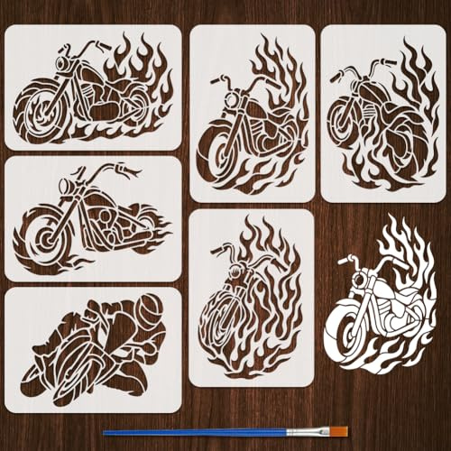 FINGERINSPIRE 6 Stück Motorrad Flammen Malschablone Mit Pinsel 29.7x21cm Kunststoff Flammen Motorrad Rennschablone Zeichenvorlage DIY Bastel Malvorlage Für Wand Stoff Heimdekoration