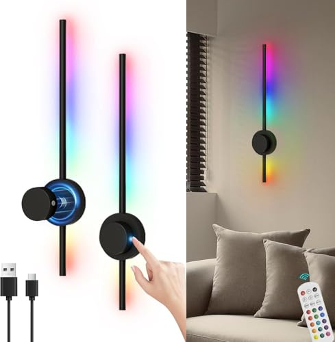 2 Stück Akku Wandleuchte 16 Farben RGB Dimmbar Wandlampe USB-C Wiederaufladbar 5000mAh Abnehmbare Batterie 70CM Nachttischlampe mit Fernbedienung Touch Control Wandlicht für Schlafzimmer Wohnzimmer
