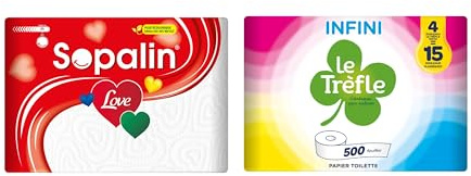 Sopalin Love, 3 Rouleaux + Le Trèfle Infini, 4 Rouleaux | Essuie-tout avec 47 Feuilles par Rouleau, Décoré et Papier Toilette avec 500 Feuilles Double Épaisseur, Blanc