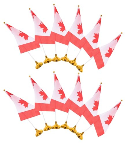 OSOLADY Lot de 12 Set de Set de Mini Drapeaux Canada en Polyester avec Base Dorée et Hampe en Plastique, Décor Élégant et Stable pour Réunions Professionnelles et Expositions