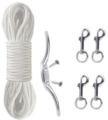 Awwertse Flag Rope and Clips Kit - 50ft Flag Pole Rope Halyard with Cleat Hook & 4 Pcs Swivel Snap Clips for Flagpoles Up to 25ft