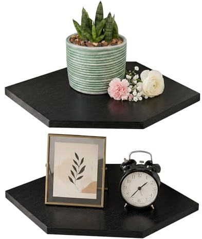 Levede Floating Shelves, Floating Corner Shelves, 2 Tier Wall Mounted Wooden Shelves with Cable Cut-Out, Wall Storage for Speaker, Cable Box, 2 Pack, Black