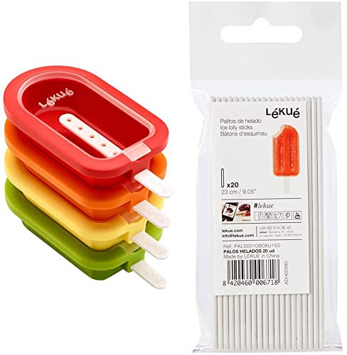 Lékué - Pack Moule à Glace Empilable Mini 10,5 cm, 4 Pièces & PAL00010B08U150 Bâtonnets pour glace (20 ud.), Plastique, Blanc, 0,93x0,1x0,02 cm