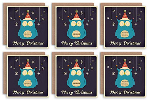 Wee Blue Coo Christmas Cards 6 Pack - Cute Owl Bird Snowflake Set Xmas Cards