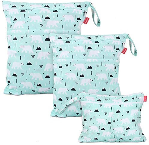 Damero 3 Stück windeltasche wetbag wiederverwendbar, Nasstaschen für Unterwegs, Wetbag windelbeutel für Babys Windeln, schmutzige Kleidung und anderes Zubehör (Bär)