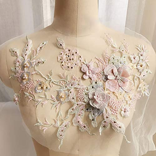 QLING 3D Stickerei Perlen Spitze Applikation Blumen Strass Tüll Besatz Besetzter Stoff für DIY Ausschnitt Hochzeit Brautkleid Kleidung Stickerei Dekoration, nicht null, Marca Drache 1, Free Size