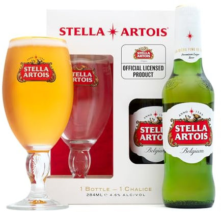 Stella Artois Gifts for Men, Beer Gift Set - Official Stella Artois Bottle 330ml and 330ml Chalice Glass - Alcohol Gift Sets for Men, for Him, Dad Birthday Gifts, Fathers Day
