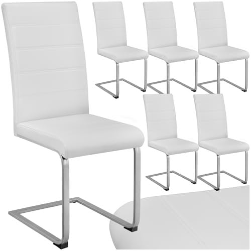 tectake Freischwinger Schwingstuhl, Stuhl 6er Set, Moderne Esszimmerstühle oder Küchenstühle mit strapazierfähigem Kunstleder Bezug - weiß