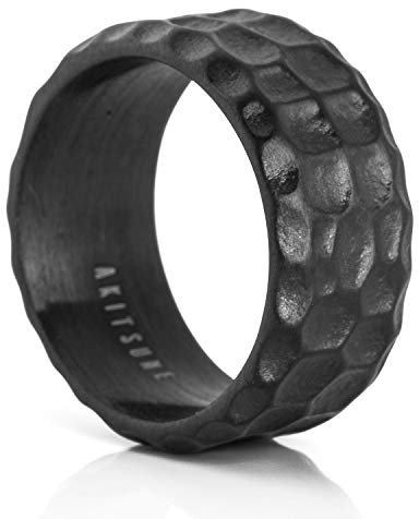Akitsune Terra Ring | Fels Granit Gehämmert Ring Herren Edelstahl Designer Mattschwarz- US 11