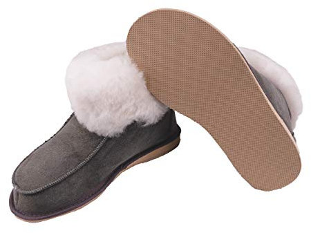 Moro-Design Lammfell Leder Hüttenschuhe Mokassin Hausschuhe Pantoffeln Fell grau Gr.36-47 (43)