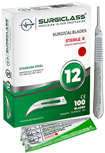 Lames de scalpel No 12 en acier inoxydable stériles, lot de 100 et poignée n° 3, parfaites pour l'art du bois, Chirurgicale, la sculpture, l'anatomie de laboratoire, Création d'enseignes SURGIGR12-100