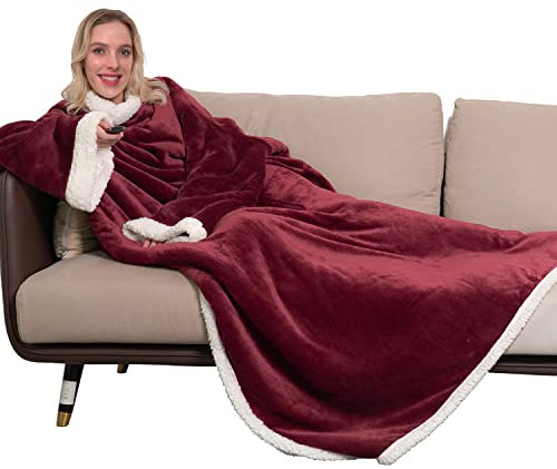 Winthome Double Warmer Wearable Blanket with Sleeves, Super Soft Sherpa Blanket for Adult Women Men (Wine Red)