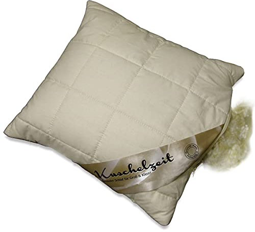 Merino Schafschurwolle Sofakissen Kissen Kopfkissen in 40x40 cm mit 250 Gramm Schurwoll Kügelchen zur individuellen Höhenverstellung und unterstepptem Baumwollbezug - Made in Germany