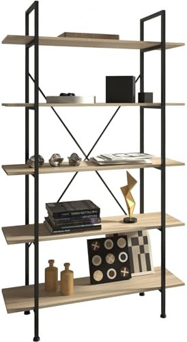 tectake Bücherregal mit 5 Ebenen, stabiles Standregal, Industrial Design, schwarzer Metallrahmen, Vintage Regal aus Holz, 106 x 34,5 x 179,5 cm (Industrial Holz hell, Eiche Sonoma)