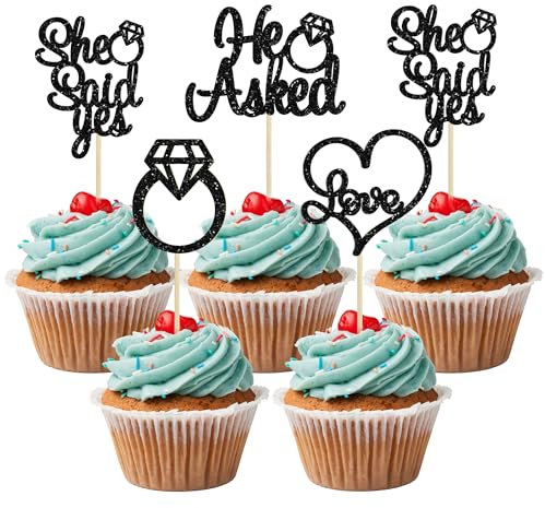 Gyufise 24 Pack Black Glitter He Asked She Said Yes Cupcake Toppers Glitter Heart Ring Cupcake Picks Decorations for Wedding Engagement Bridal Shower Party Supplies