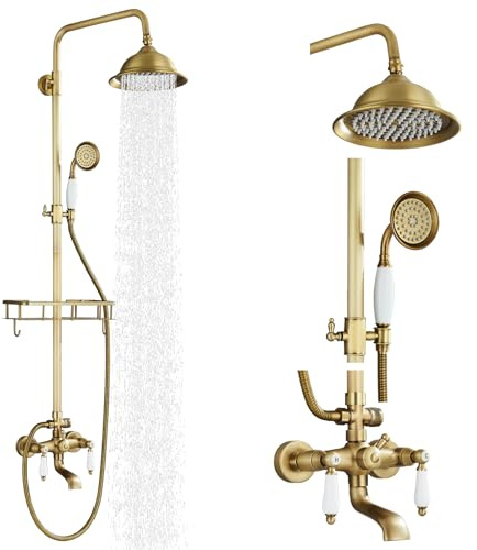 Gmusre Antikes Messing Duschsystem Außendusche Armaturen mit 20,3 cm Regenduschkopf und doppelten Kreuzgriffen Badezimmer Dusche Wasserhahn Set