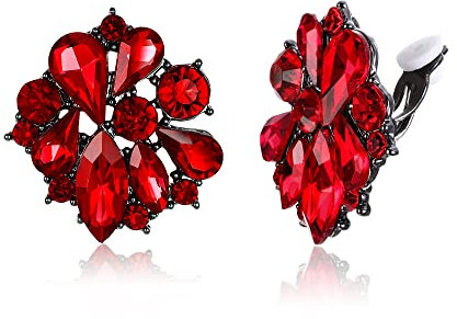 EVER FAITH Blumen-Ohrclips für Damen Mädchen Strass-Kristall Blumen Clips on Ohrringe Rot