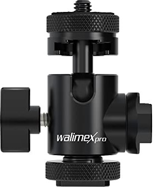 Walimex Pro Multi Mini-Kugelkopf mit 2x Blitzschuh und 1/4 Zoll Anschluss Beidseitig Schwenkbar Um 180° für Kameras, Stative, Mikrofone, LEDs Aluminium Stativkopf Double Shoe Bis 5kg Belastbar