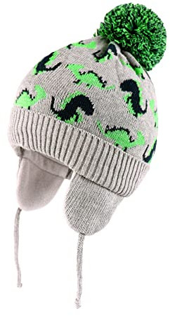 LANGZHEN Kleinkind Jungen gestrickte Wintermütze Fleece gefüttert warme Baumwolle Beanie mit Pompom (grau-grüneDinosaurier, L,2-4 Jahre)