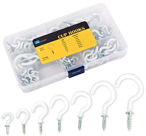 BAAB FASTENER 77Pcs Screw in Hooks for Wood, Vinyl Coated Cup Hook Ceiling Hooks for Hanging Plants, Cups, Lights, Keys, Clothes & Tools (White)