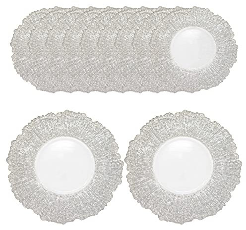 WedDecor 33cm Round Charger Plate, Set of 12 Charger Plates, for Centerpiece Presentation Dinner Plate Set, Weddings, Banquets, Christmas Parties Table Decorations, Silver Crackled