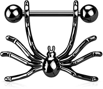 BlackAmazement 316L Chirurgenstahl Brustwarzenpiercing Nipple Piercing Spinne Spider silber schwarz Gothic Biker Damne Herren (Black)