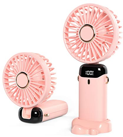 JANREAY Mini ventilador de mano USB de escritorio, ventilador de mesa pequeño con 5 velocidades y batería USB, ventilador eléctrico plegable para viajes, oficina, hogar (Rosa)