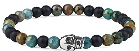 GAVU Geschenke Kristall Armband Perlen Armband aus Mattem Onyx und Azurit mit Totenkopf Charm