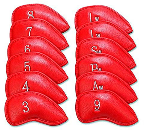 Golf Iron Head Covers Numbers Synthetic Leather Headcover Deluxe Value 12 Pcs Set, Golf Iron Headcovers Protector for Club Mens Protable Fit All Brands (Carmine)