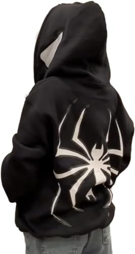 YINGKE Uomo Felpa con Cappuccio con Stampa Ragno Y2K Giacca di Halloween Gotica con Cerniera Unisex Hoodie(L,Nero)