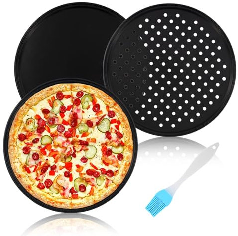 IEMIEBSHA Juego de 3 bandejas redondas para pizza de 32 cm, redondas y perforadas, antiadherentes, con cepillo de aceite, acero al carbono, bandeja para pizza para hornear, molde para pizza para la