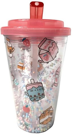 Puckator Shatterproof Pusheen Sips Double Walled Cup & Straw - Insulated Tumbler - Cups with Lids and Straws for Adults Children - Travel Thermal Cup with Straw - Water Bottles with Staw