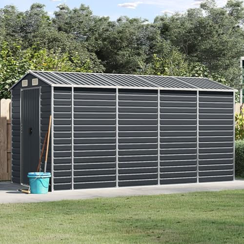 Hommdiy Geräteschuppen Gartenhaus mit Schiebetür,Schwingtür,geräumiger Gartengeräteschuppen,verzinkter Stahl,Metallgeräteschuppen mit Satteldach, Gartengeräteschrank,Anthrazit,191x385x198cm