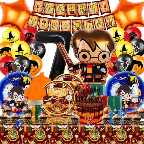 Globos Hary Potte Cumpleaños Set 7 Años, Kit Cumpleaños Wizar Decoración Fiestas, 108 PCS Decoracion Fiesta Infantil Temática, Pancarta Servilletas Mantel ect Cumpleaños Fiesta Vajilla Suministros