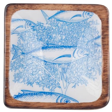 Set de 2 Platos Cuadrados Decorativos de Madera y Resina Peces. Vajilla. Adornos y Esculturas. Centros de Mesa. Regalos Originales. Decoración Hogar. 10 x 10 x 2,50 cm.